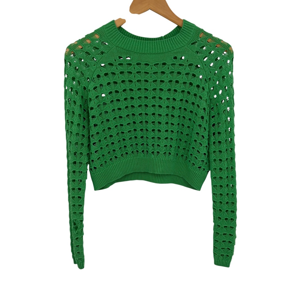 Freshman 1996 Crochet Crop Sweater Women S Green Cotton Open Knit Boho Festival
